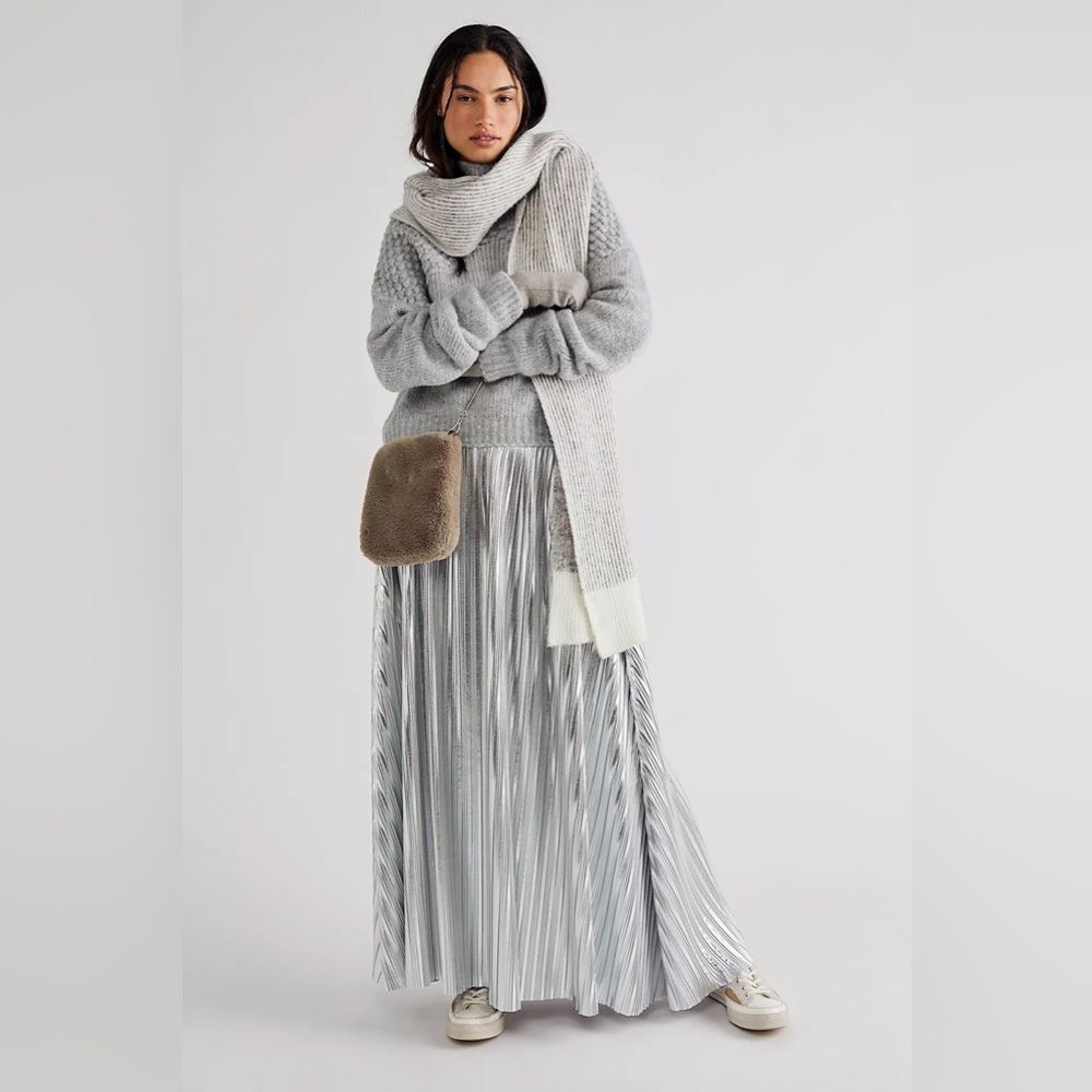 MOTHER Free People The Pleated Maxi Skirt Tongue in Silver